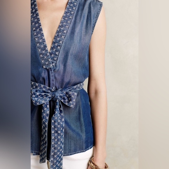 ANTHROPOLOGIE Holding Horses Stitched Chambray Vest Tie Waist Size Small - Picture 3 of 15